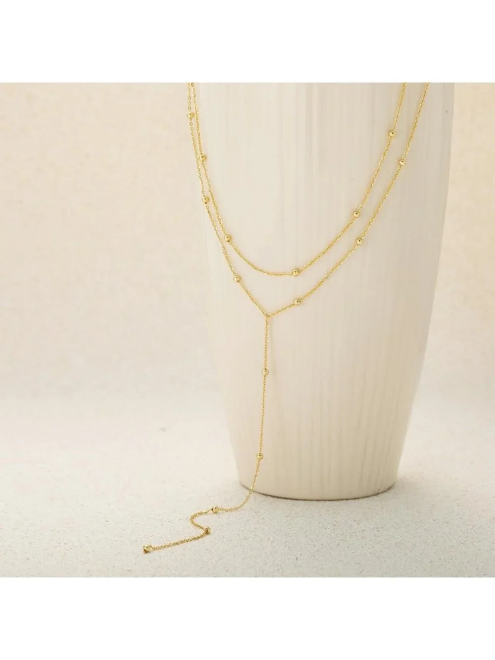 Dainty Gold Lariat Necklace for Women, Y-Shaped Pendant, Layered CZ Beaded Chain
